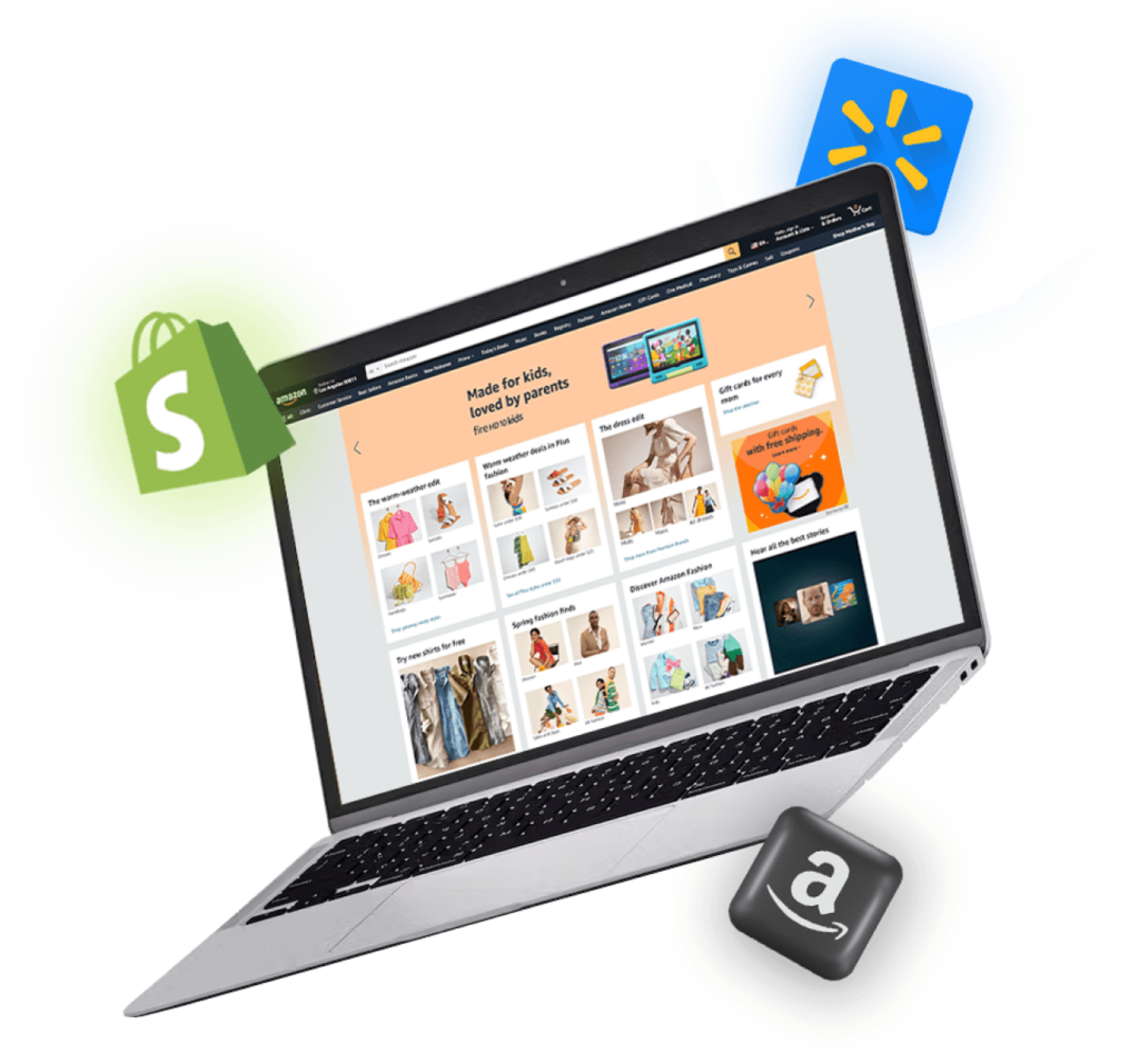 Visual elements representing, Private Label business setup display on laptop showing product listings on Amazon, with Shopify and Walmart logos representing multi-platform e-commerce setup.