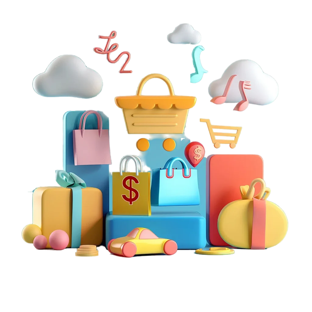 3D Illustration representing Private Label market research with shopping bags, dollar signs, and a shopping cart symbolizing e-commerce and consumer trends.