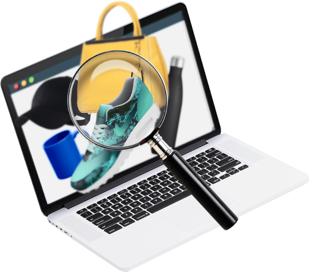 Private Label product research showing various items including a shoe, handbag, and water bottle on a laptop screen with a magnifying glass.