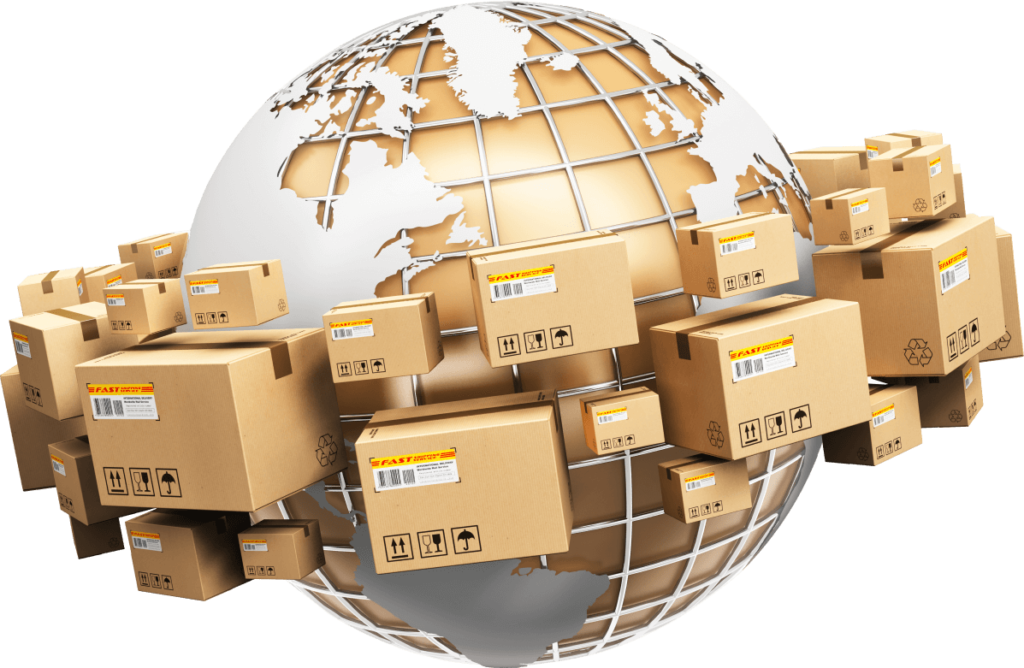 Visual elements representing, Global product sourcing for Private Label businesses, with packages symbolizing worldwide distribution and supply chain management.