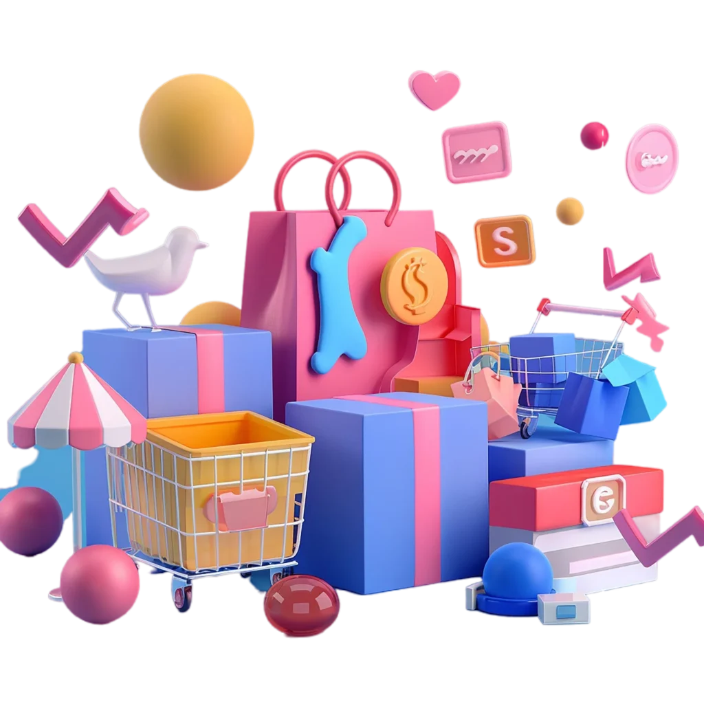 Colorful 3D illustration of brand development elements, including shopping bags, carts, and gifts, representing Private Label brand creation and e-commerce success.