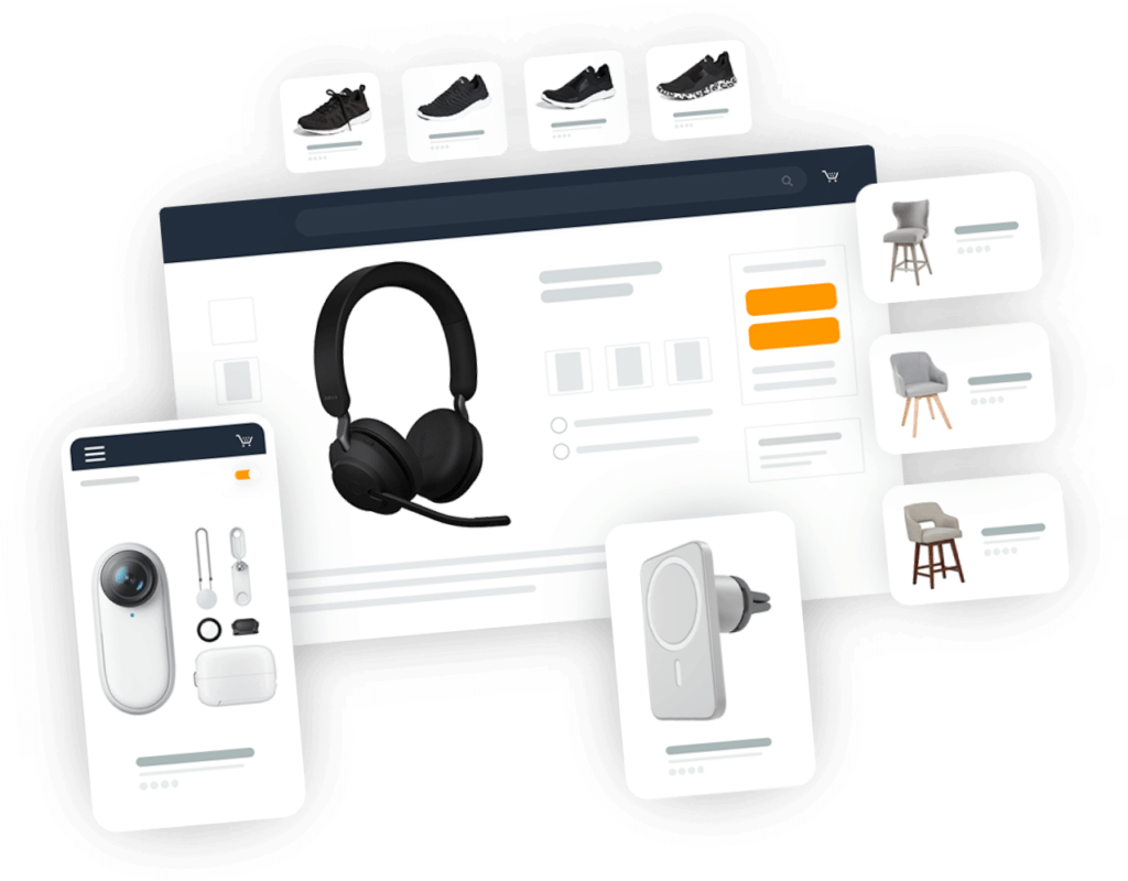 Visual elements representing, Digital product listing examples for Private Label, showcasing headphones, shoes, and home furniture items for e-commerce platforms.