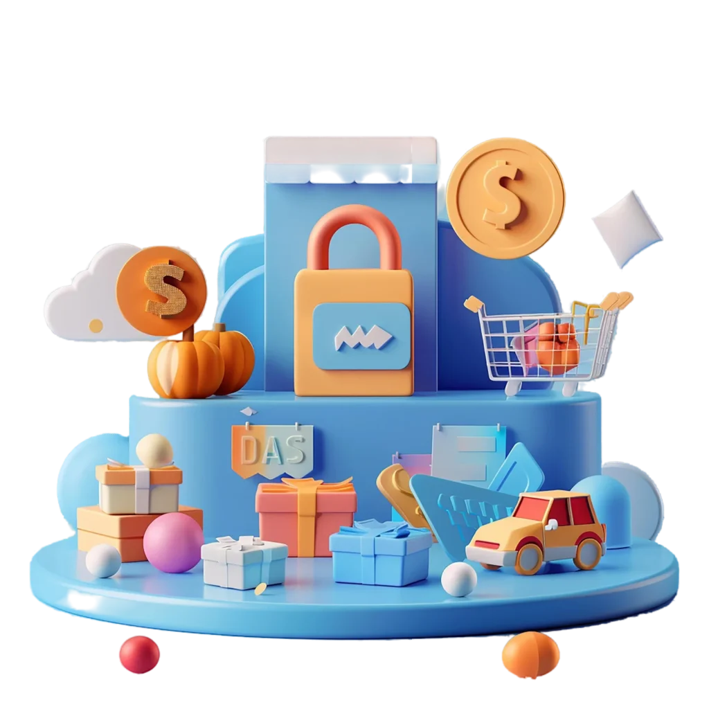 3D Illustration of a marketing campaign strategy for Private Label products, featuring shopping icons, social media elements, and analytics symbols.