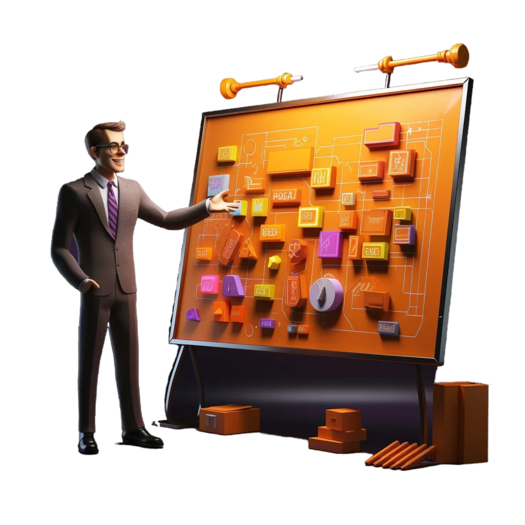 at Facebook Marketplace 3D infographic of a person presenting a facebook selling strategy on a board.