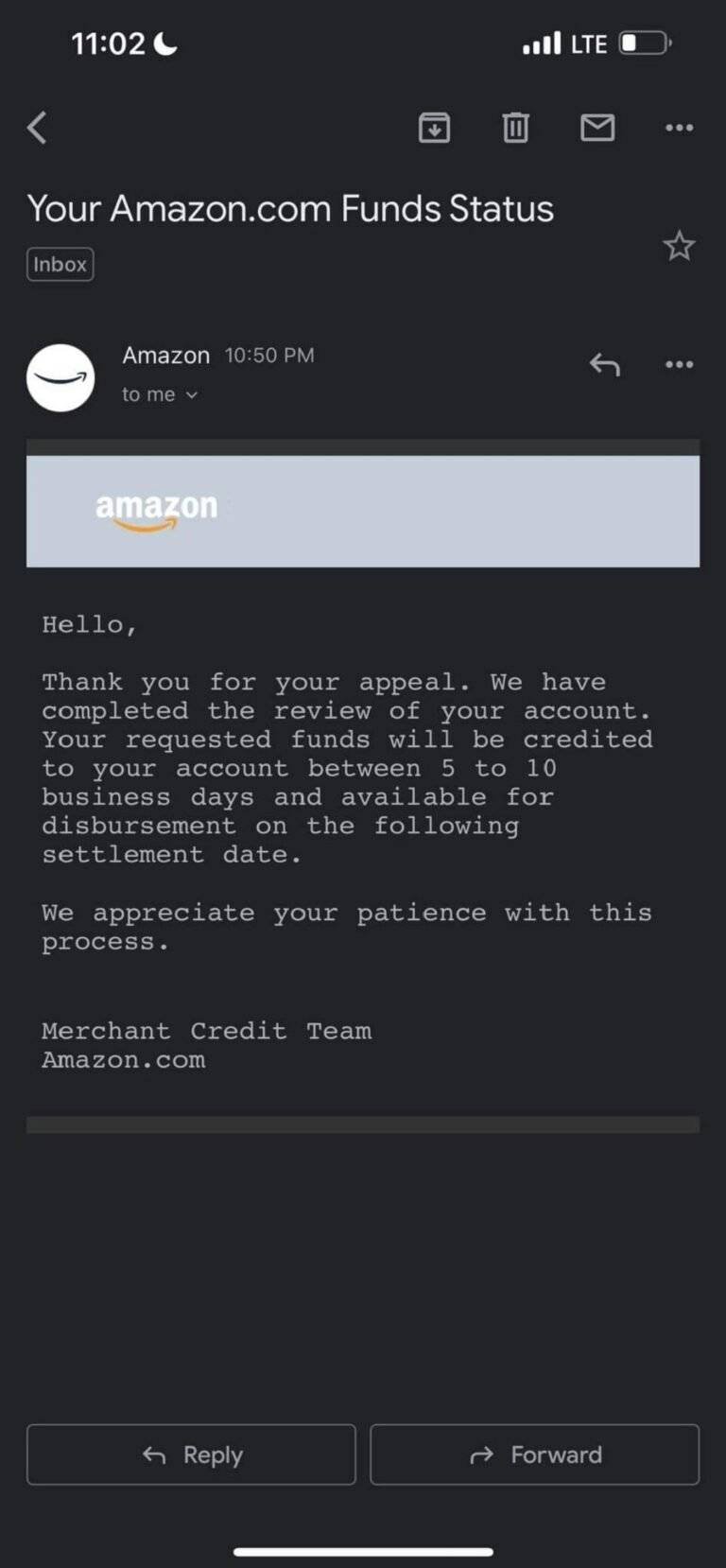 Amazon fund status message from merchant team regarding payment update