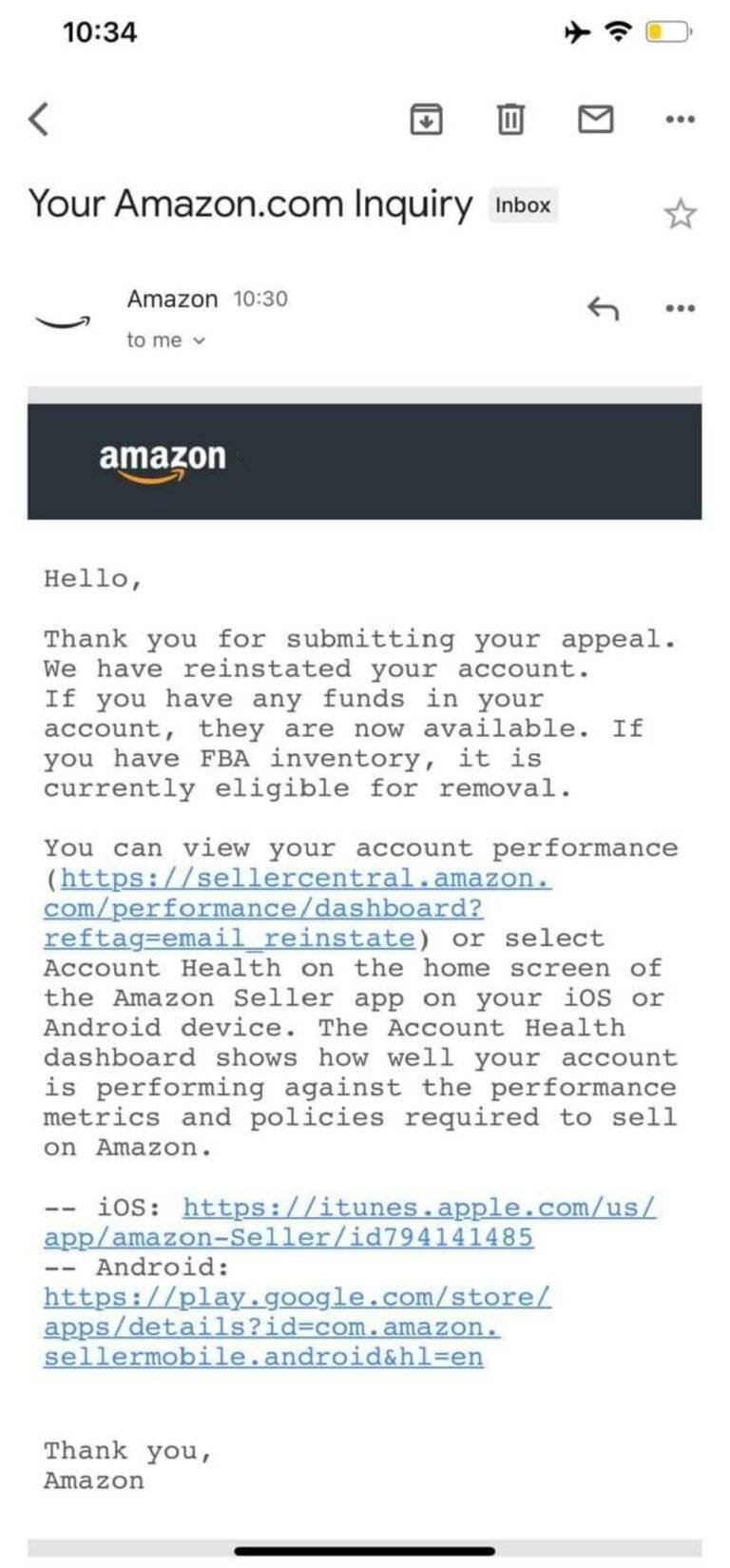 Amazon appeal submission screenshot for reinstating client’s account inquiry