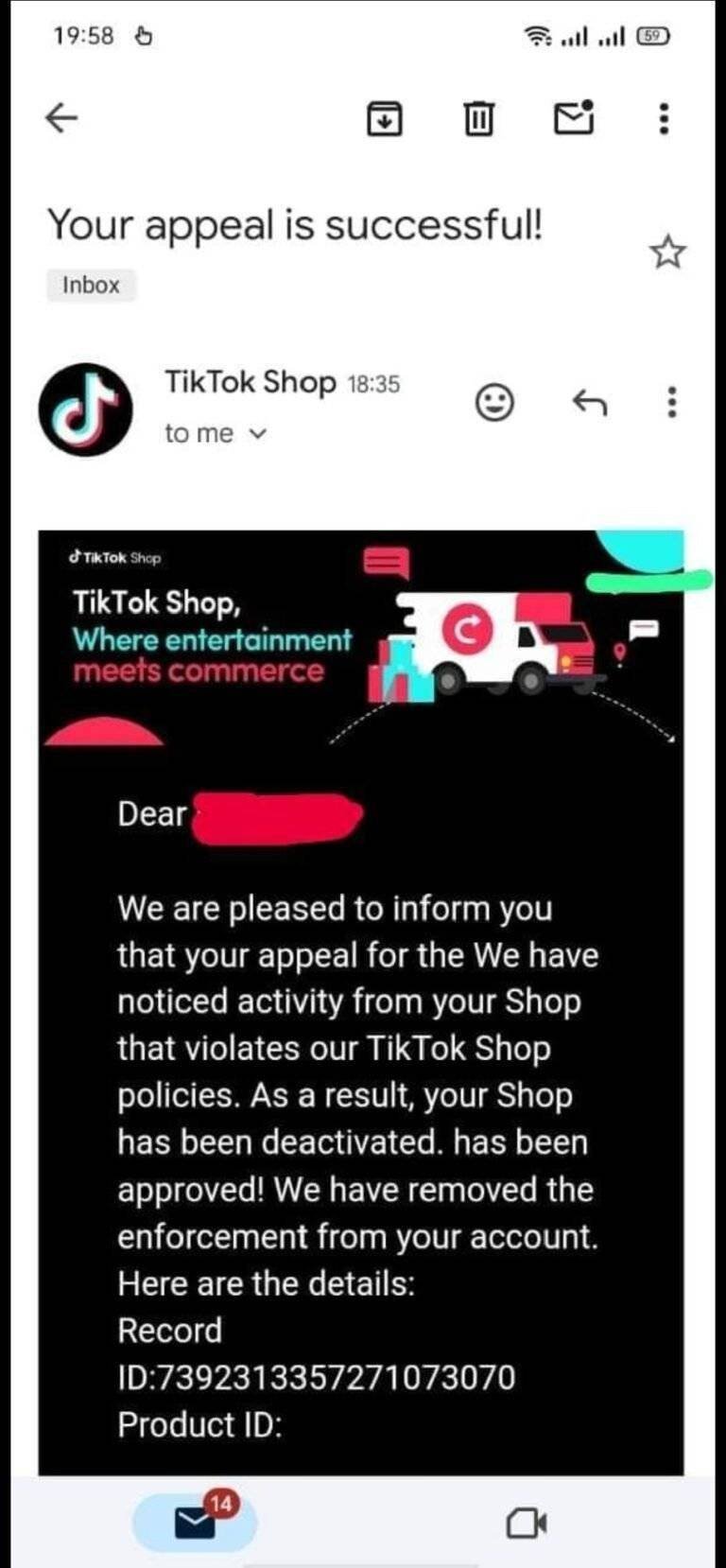 Approval message for reinstating TikTok shop after policy violation deactivation